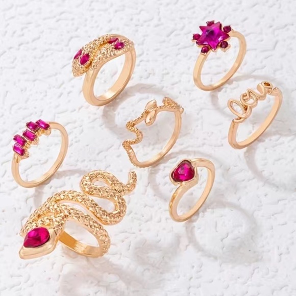 Pink Gemstone Snake Heart Gold  Ring Set 7pc - Picture 2 of 6
